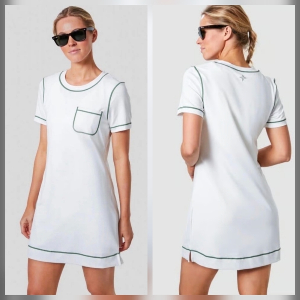 Tuckernuck Robin White And Green Piping Short Sleeve Sport Dress